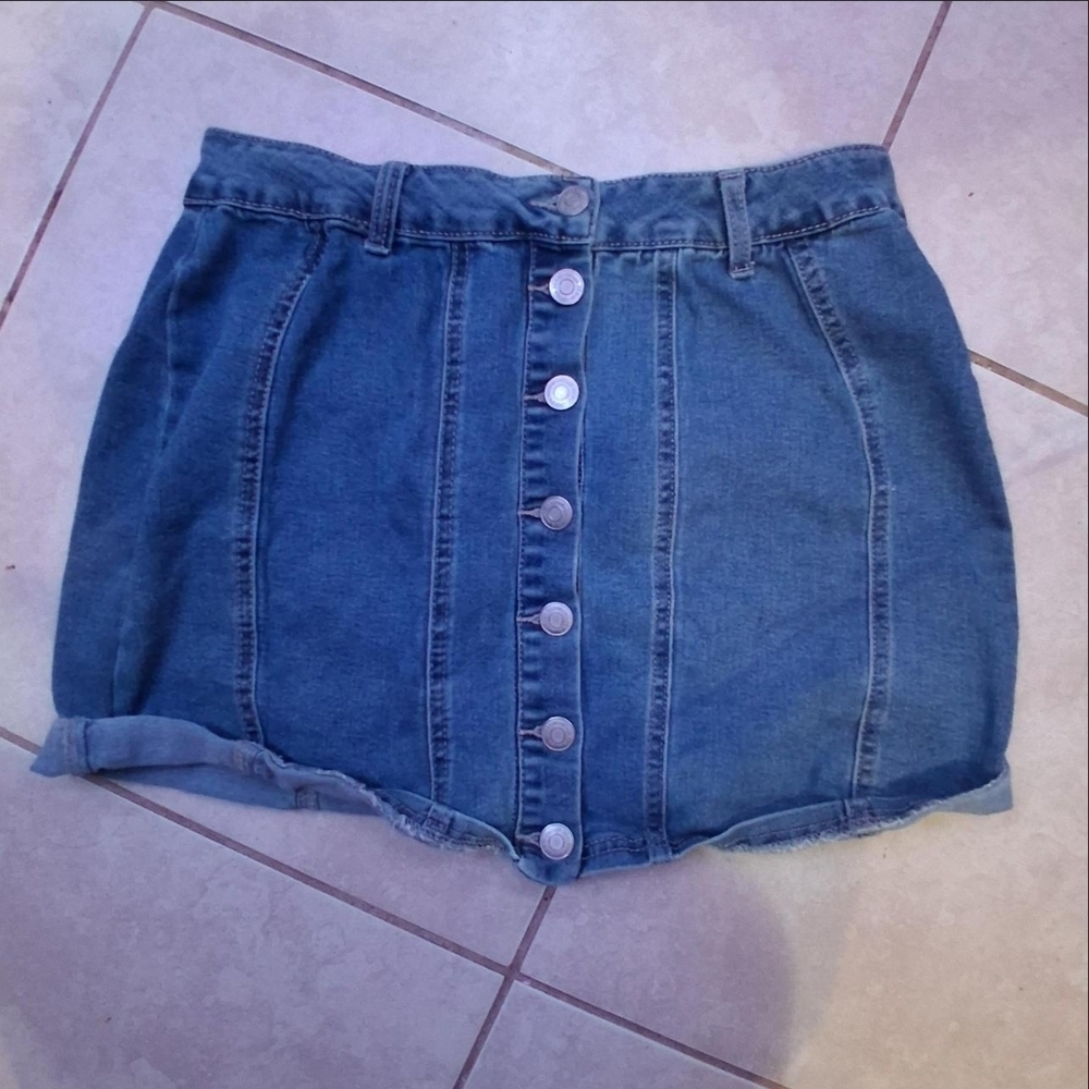 Refuge Blue Button-Front Mini Skirt